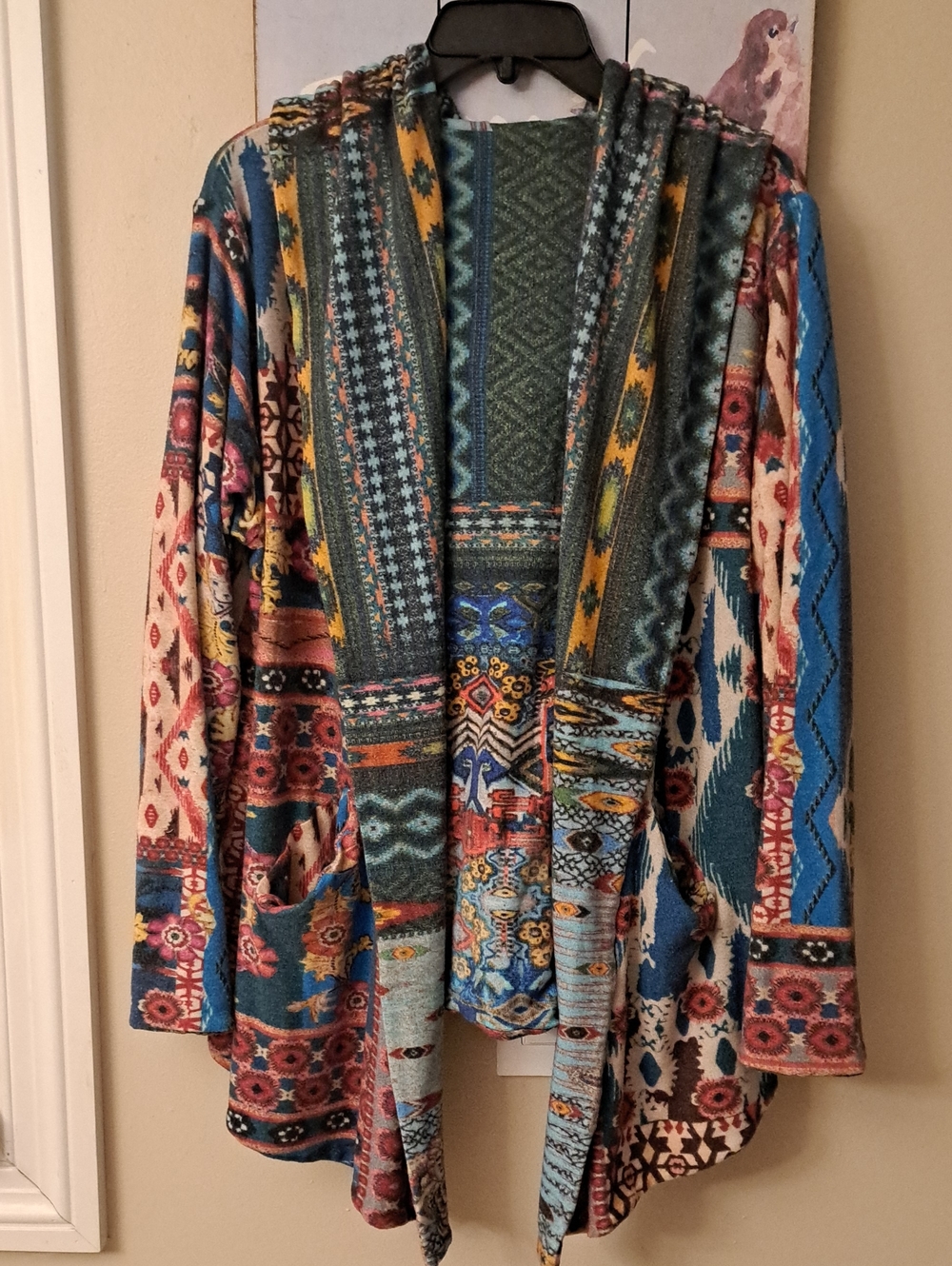 Johnny Was Aztec Boho Open Front Hooded Soft Knit Reversable Cardigan Duster XL - Picture 2 of 11
